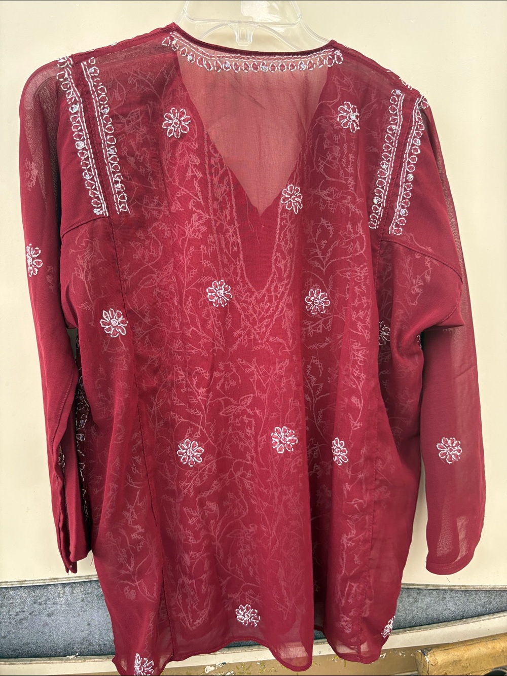 Womens Embroidered V-Neck Peasant Top - Burgundy - Picture 5 of 5